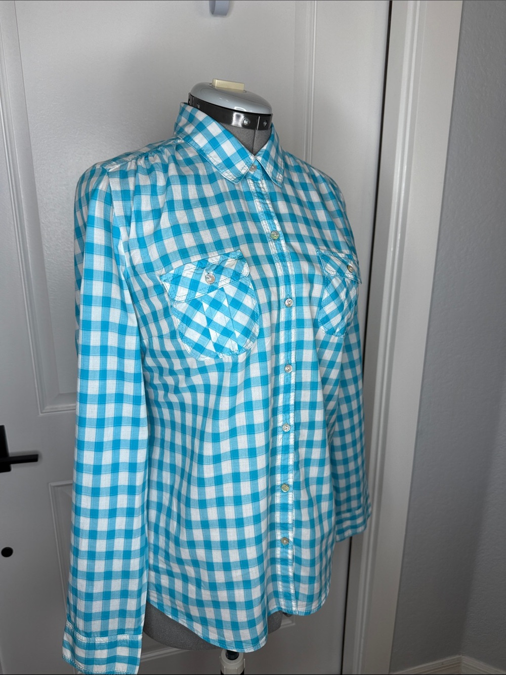 Express Turquoise and White Gingham Button-Down Shirt